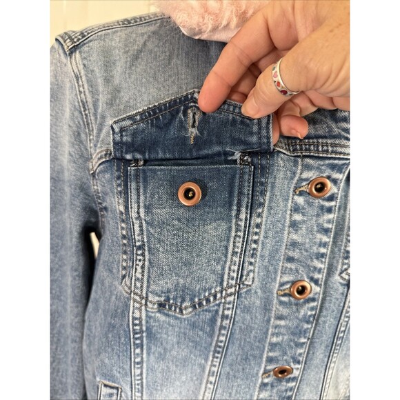 KUT From the Kloth Emma Boyfriend Denim Jean Jacket Womens Sz M Pink Fur Collar - Picture 11 of 16